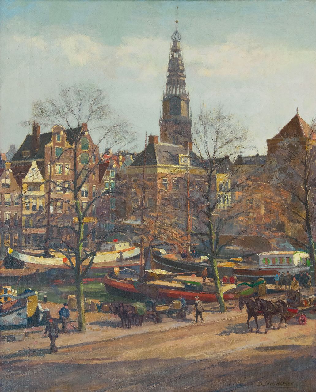 Haaren D.J. van | 'Dirk' Johannes van Haaren | Gemälde zum Verkauf angeboten | Stadtansicht von Amsterdam mit dem Oudekerkstoren, Öl auf Leinwand 58,1 x 47,0 cm, Unterzeichnet u.r.