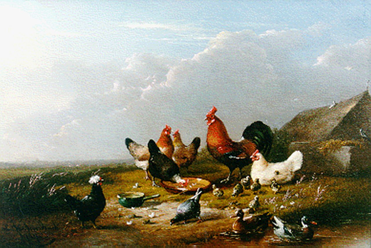 Severdonck F. van | Frans van Severdonck, Poultry in a landscape, Öl auf Holz 17,0 x 24,8 cm, signed l.l. und dated 1871