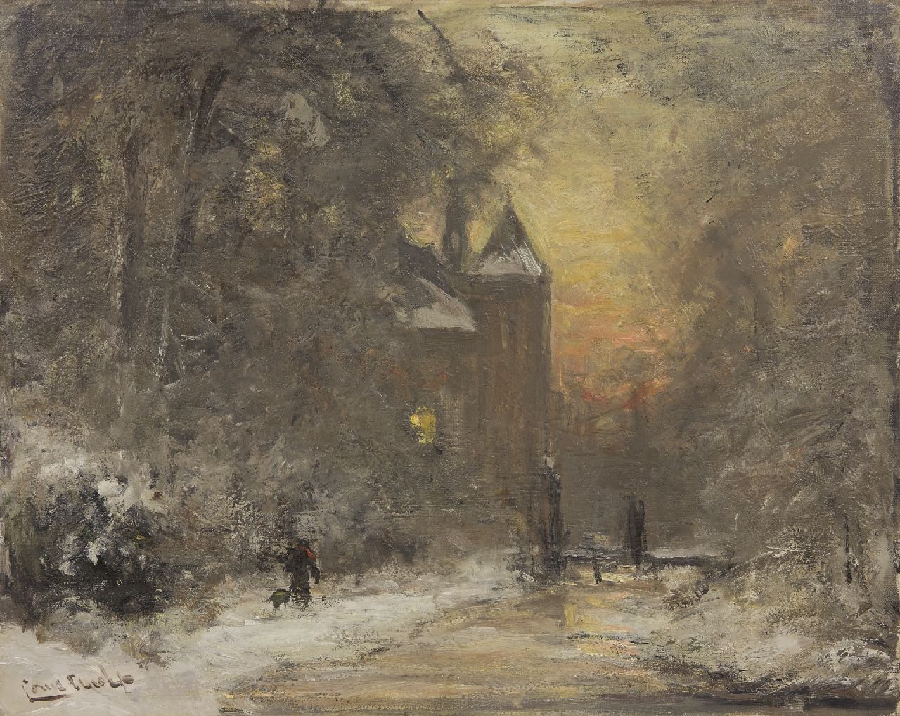 Apol L.F.H.  | Lodewijk Franciscus Hendrik 'Louis' Apol, Winter im Wald mit einem Mann mit Hund bei einem Schloss, Öl auf Leinwand 40,5 x 50,4 cm, Unterzeichnet u.l.