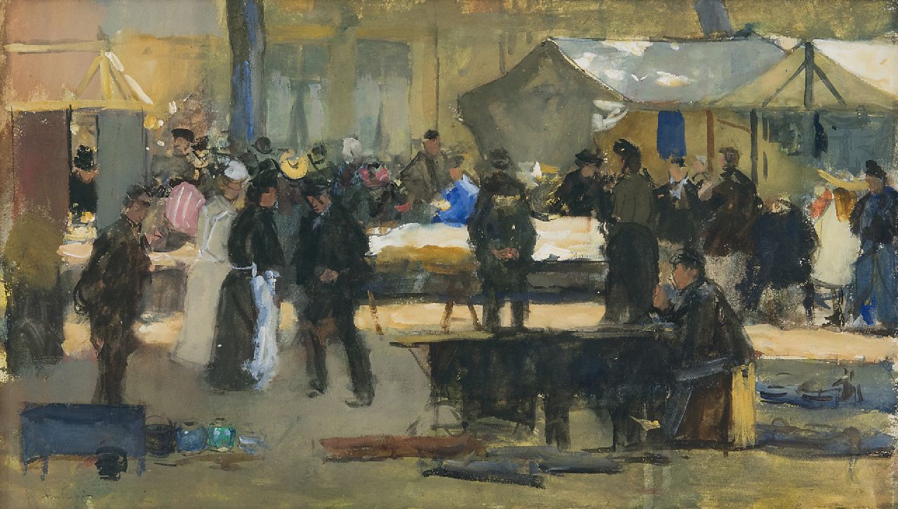 Arntzenius P.F.N.J.  | Pieter Florentius Nicolaas Jacobus 'Floris' Arntzenius | Aquarelle und Zeichnungen zum Verkauf angeboten | Haager Textilmarkt, Gouache auf Papier 29,1 x 49,3 cm, Unterzeichnet u.l.