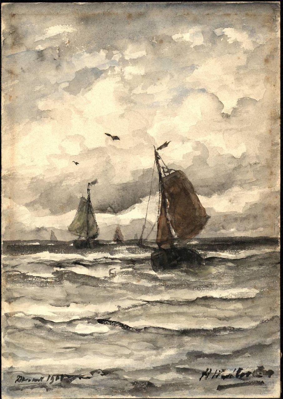 Mesdag H.W.  | Hendrik Willem Mesdag, Fischerboote auf dem Meer, Aquarell auf Malerholzfaser 26,6 x 18,7 cm, Unterzeichnet u.r. und l.l. l.o.: 'Avond' 1901