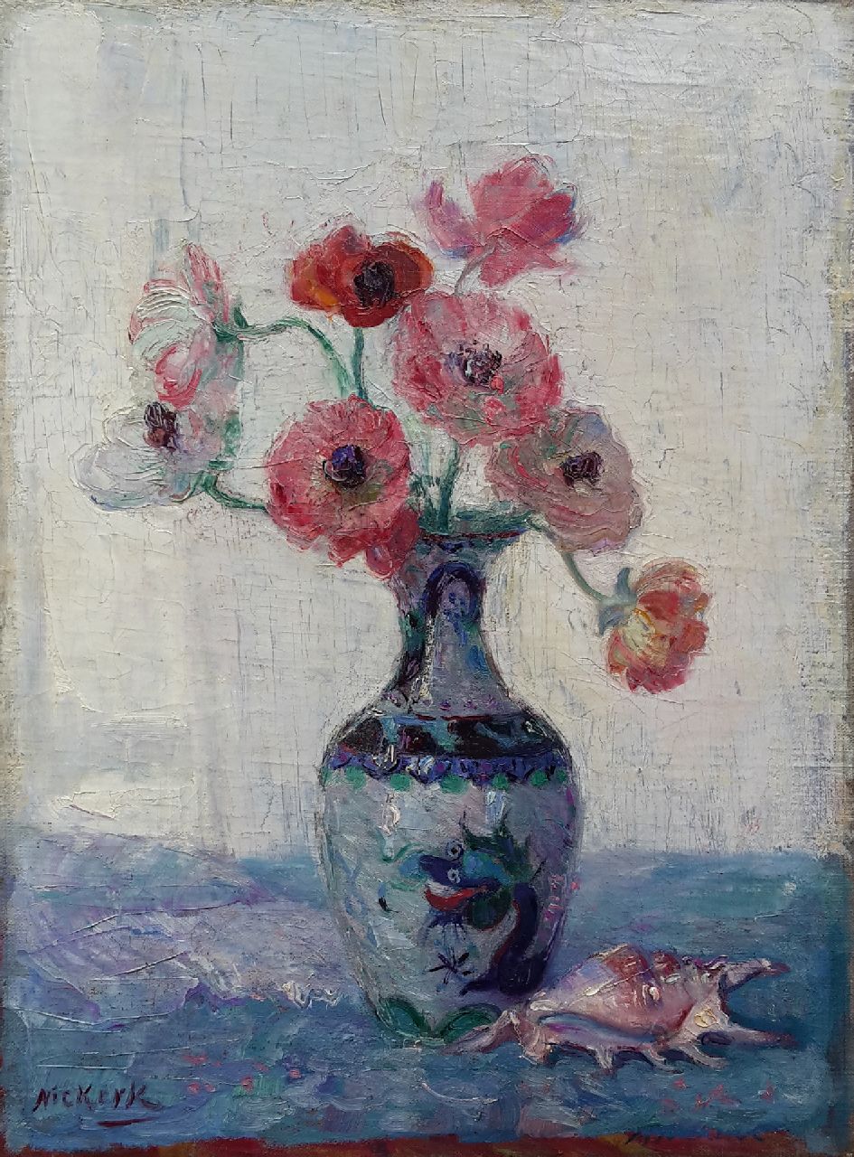 Niekerk M.J.  | 'Maurits' Joseph Niekerk, Windröschen in einer chinesischen Vase, Öl auf Leinwand 46,8 x 34,3 cm, Unterzeichnet u.l.