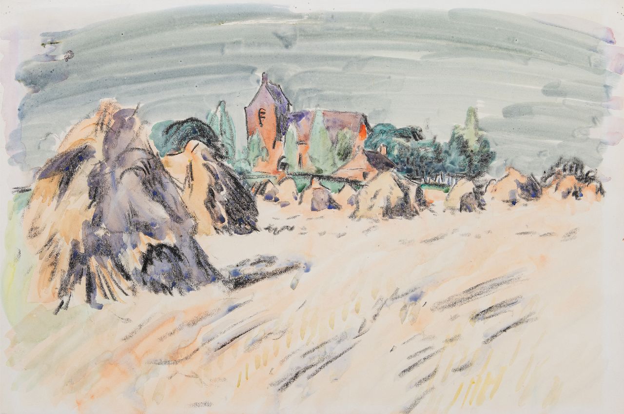 Jan Altink | Sommerlandschaft mit der Kirche von Oostum, Kreide und Aquarell auf Papier, 41,2 x 59,7 cm