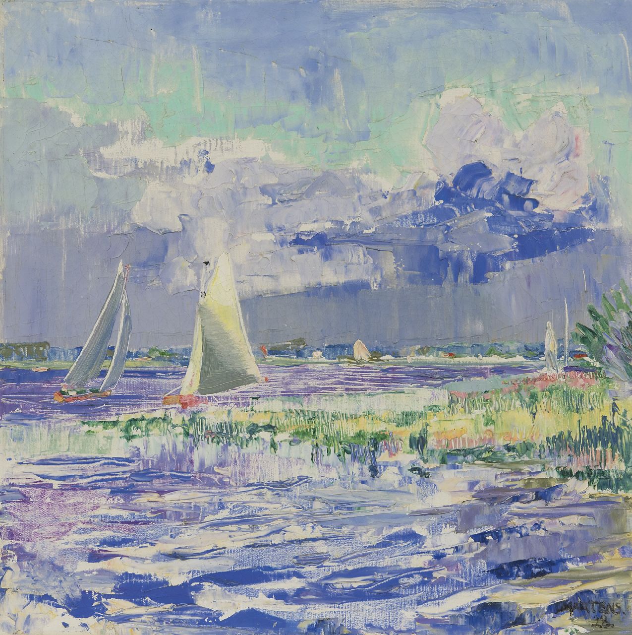 Martens G.G.  | Gijsbert 'George' Martens, Segelboote auf dem Paterswoldsesee, Groningen, Öl auf Leinwand 40,5 x 40,4 cm, Unterzeichnet u.r. und datiert '28