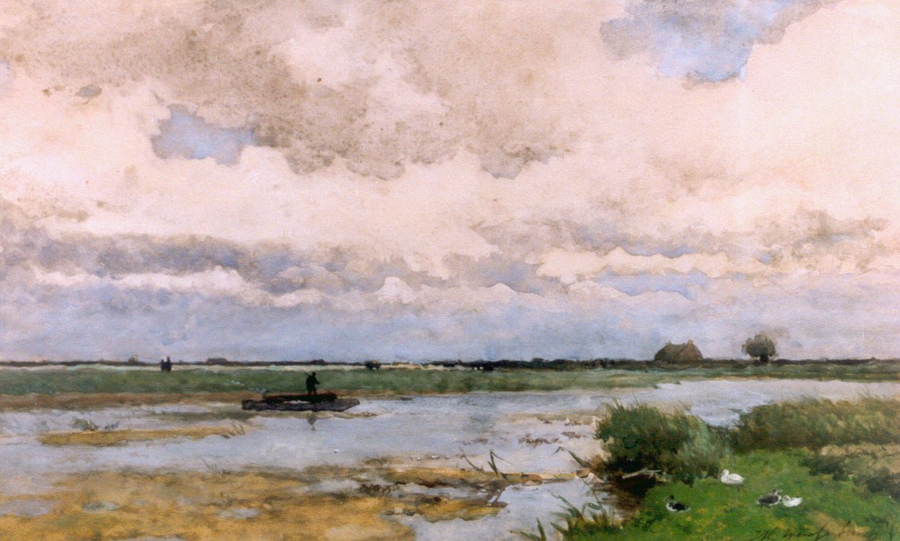 Weissenbruch H.J.  | Hendrik Johannes 'J.H.' Weissenbruch, A barge in a polder landscape, Aquarell auf Papier 30,0 x 60,0 cm