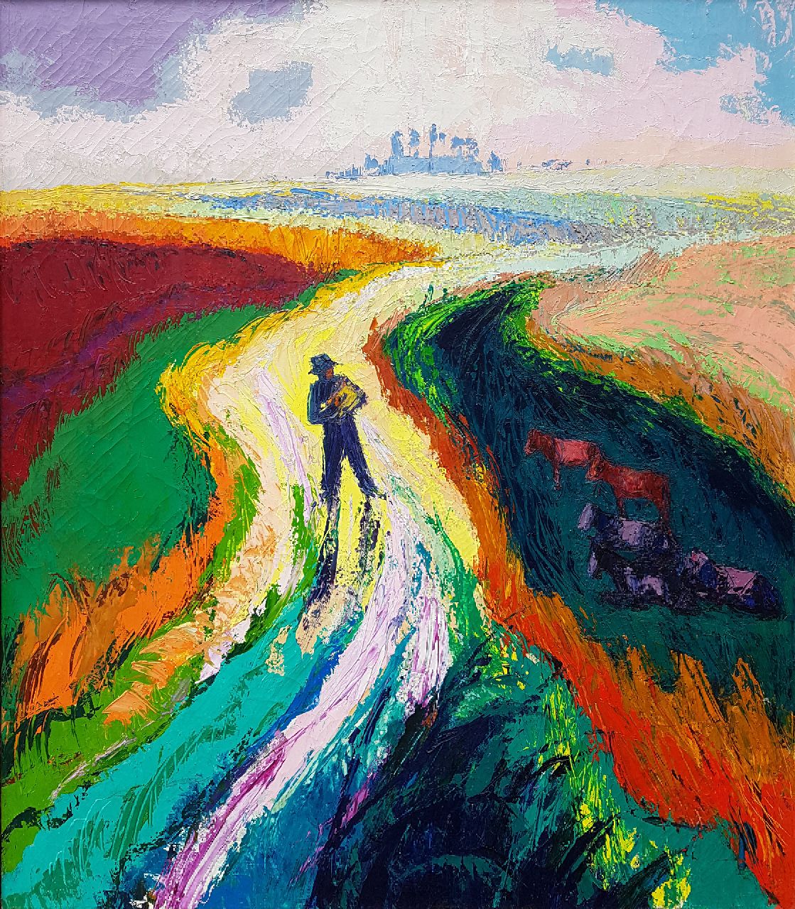 Vries J. de | Jannes de Vries, Mann auf einem Feldweg, Öl auf Leinwand 80,5 x 70,2 cm
