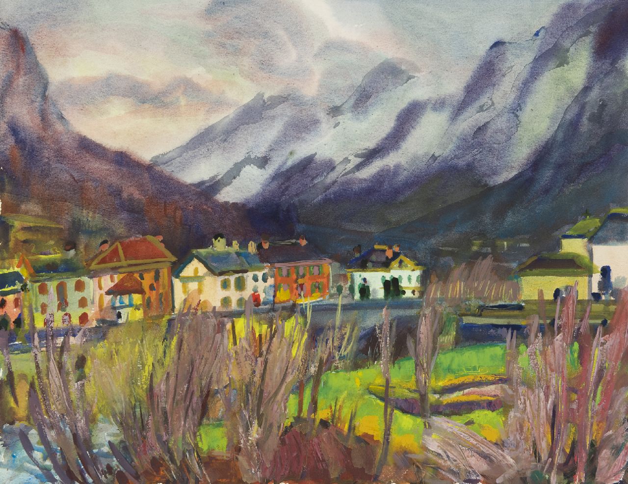 Vries J. de | Jannes de Vries, Ansicht auf Bignasco im Maggiatal, Italien, Aquarell und Gouache auf Papier 55,8 x 73,0 cm