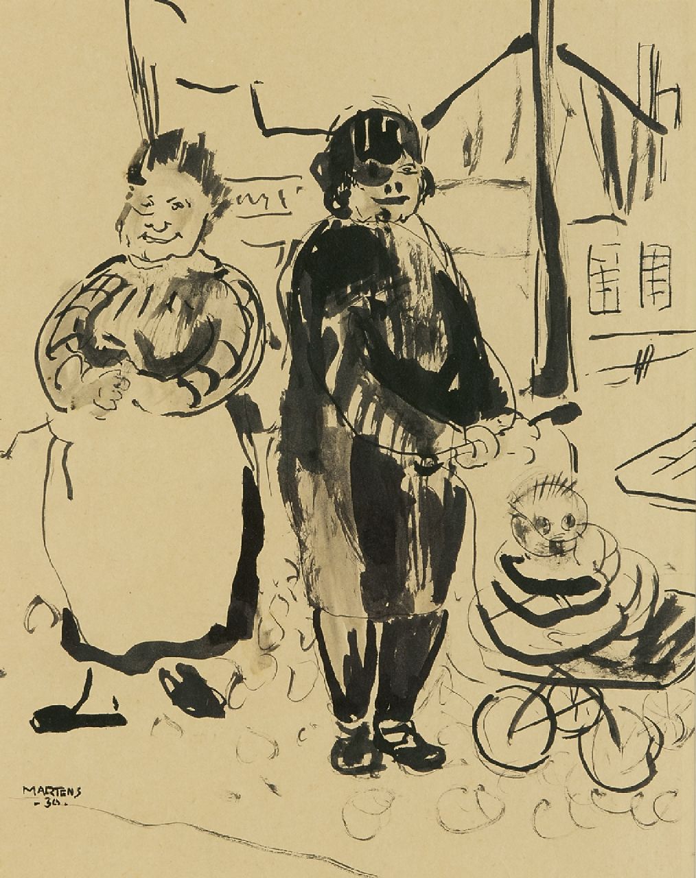 Martens G.G.  | Gijsbert 'George' Martens | Aquarelle und Zeichnungen zum Verkauf angeboten | Frauen bei einem Kinderwagen, Tinte auf Papier 26,0 x 21,2 cm, Unterzeichnet u.l. und datiert '34