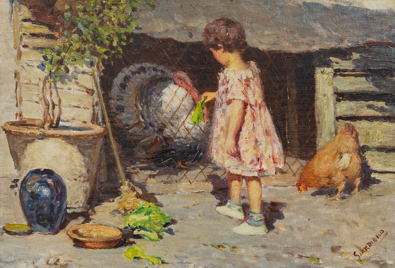 Giuseppe Giardiello | Mädchen mit Truthuhn, Öl auf Leinwand, 34,5 x 50,5 cm, Unterzeichnet u.r.