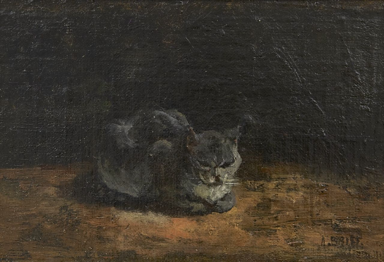 Briët A.H.C.  | 'Arthur' Henri Christiaan Briët, Schlafende graue Katze, Öl auf Leinwand auf Holz 13,0 x 20,8 cm, Unterzeichnet u.r.