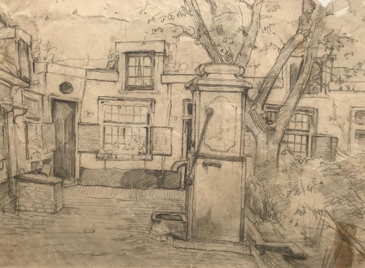 Ritsema J.C.  | 'Jacob' Coenraad Ritsema | Aquarelle und Zeichnungen zum Verkauf angeboten | Das Hofje van Loo in Haarlem, Schwarze Kreide auf Papier 36,6 x 49,0 cm