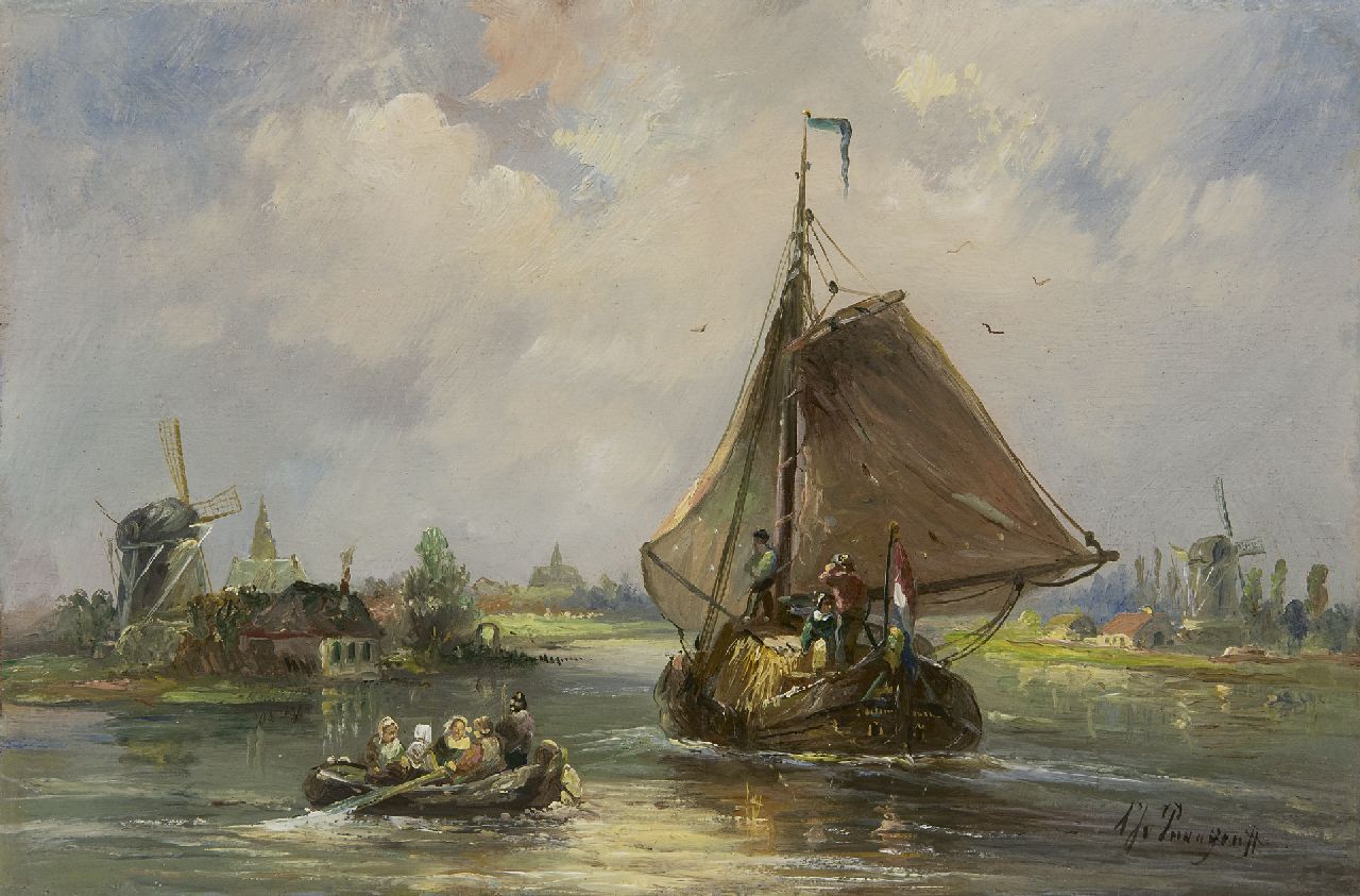 Prooijen A.J. van | Albert Jurardus van Prooijen | Gemälde zum Verkauf angeboten | Flussansicht mit segelndem Heukahn, Öl auf Holz 21,2 x 32,0 cm, Unterzeichnet u.r.