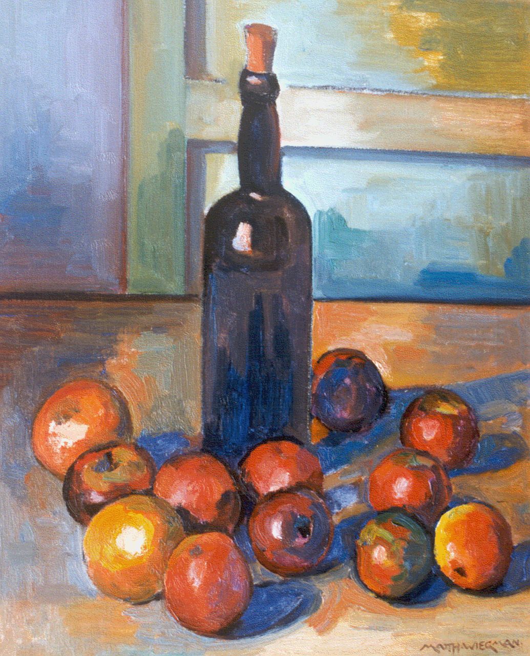 Wiegman M.J.M.  | Mattheus Johannes Marie 'Matthieu' Wiegman, A still life with bottles and apples, Öl auf Leinwand 61,0 x 50,0 cm, signed l.r.