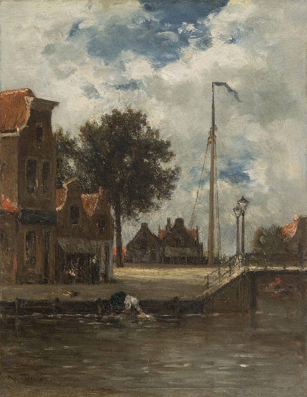 Roelofs W.  | Willem Roelofs, Einem Kanal bei einem Dorf mit Frau an die Wäsche (möglich Edam), Öl auf Holz 31,5 x 24,5 cm, Unterzeichnet u.l. und zu datieren um 1861-1867