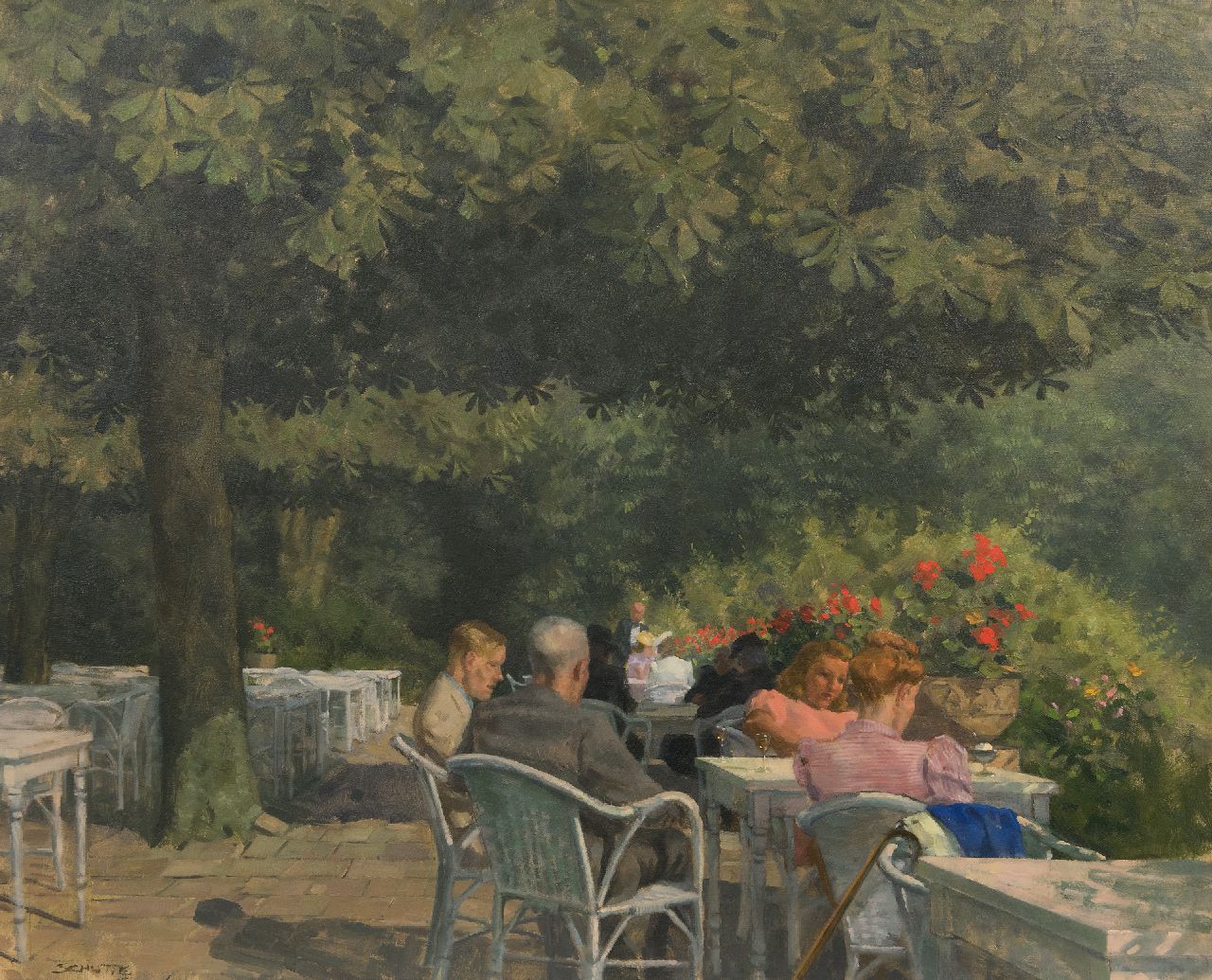 Schutte L.H.H.  | 'Louis' Hermanus Hendrikus Schutte | Gemälde zum Verkauf angeboten | Sommernachmittag auf der Terrasse, Öl auf Leinwand 77,7 x 94,5 cm, Unterzeichnet u.l.