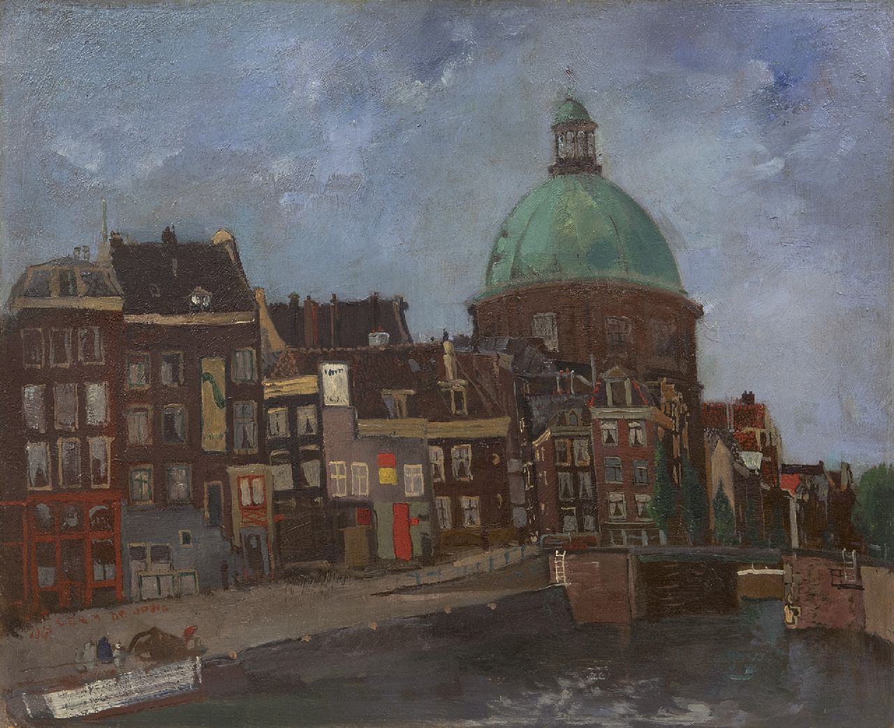 Jong G. de | Gerben 'Germ' de Jong | Gemälde zum Verkauf angeboten | Blick auf den Singel mit der Koepel Kirche, Amsterdam, Öl auf Holzfaser auf Holz 37,4 x 45,9 cm, Unterzeichnet u.l. und datiert 1941