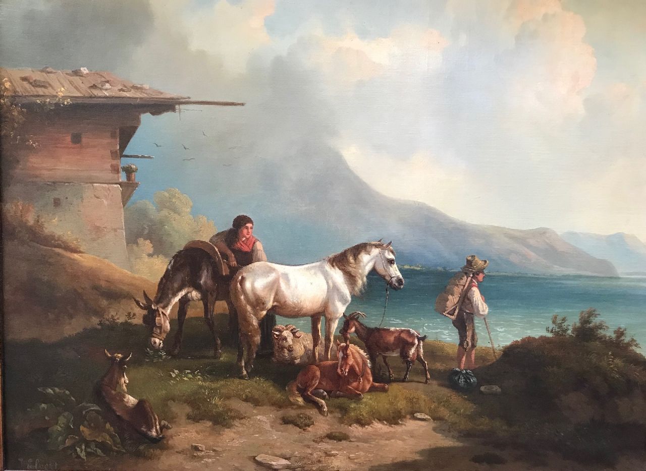 J. Elvert | Rucksacktouristen mit Pferden bei einer Herberge am Wasser, Öl auf Leinwand, 60,0 x 80,2 cm, Unterzeichnet u.l.