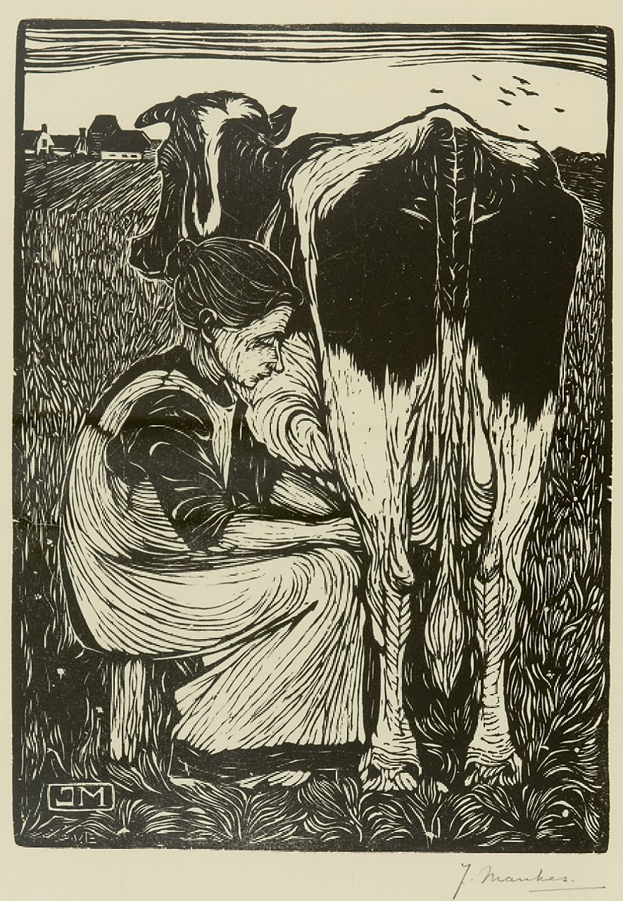 Mankes J.  | Jan Mankes, Bäuerin die eine Kuh melkt, Holzstich auf Papier 22,0 x 16,0 cm, Unterzeichnet u.r. (in Bleistift) und zum datieren 1914