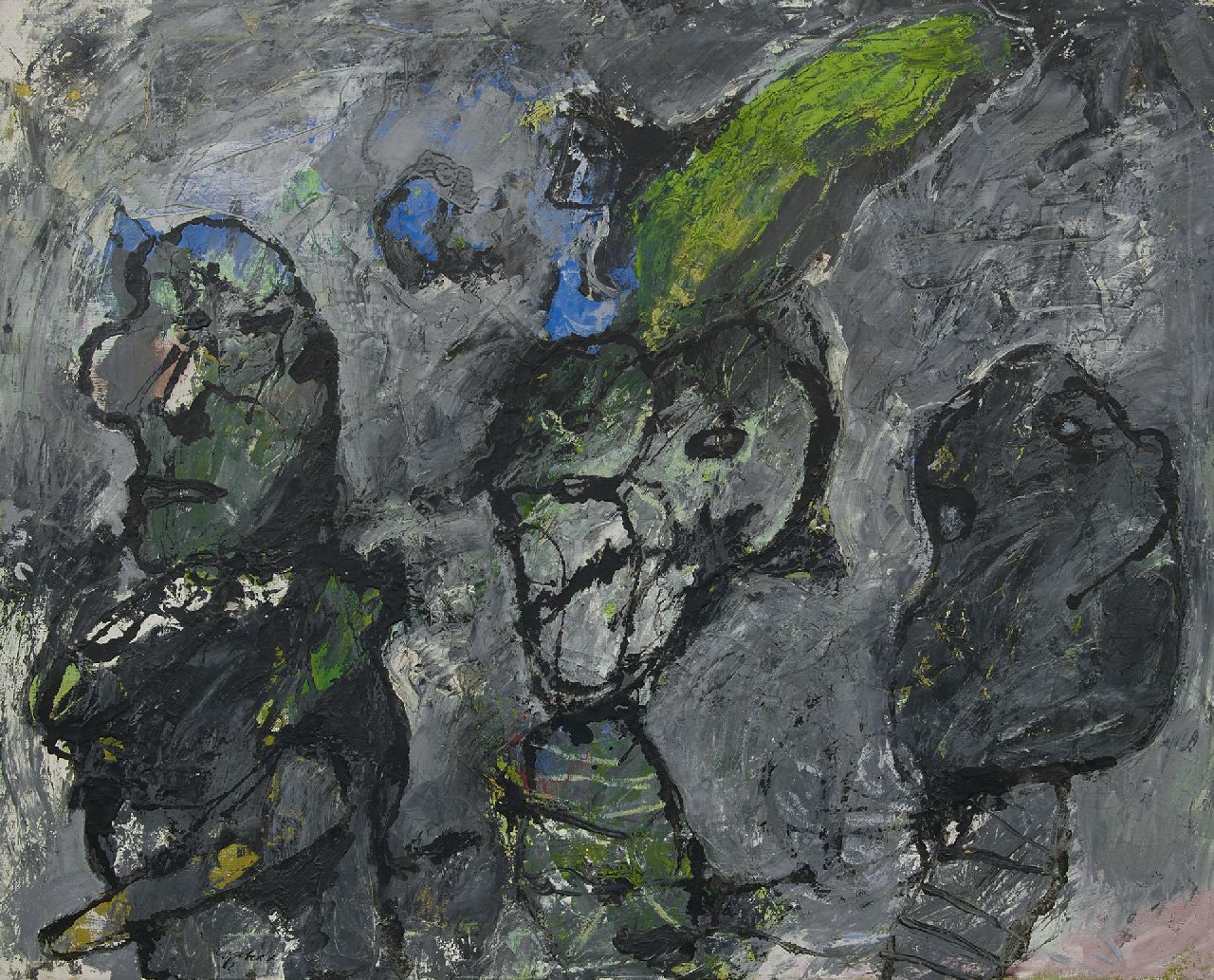 Lucebert (Lubertus Jacobus Swaanswijk)   | Lucebert (Lubertus Jacobus Swaanswijk) | Gemälde zum Verkauf angeboten | Drei Figuren, Öl auf Leinwand 80,2 x 100,3 cm, Unterzeichnet u.l. und datiert '62 und im Verso 62/11
