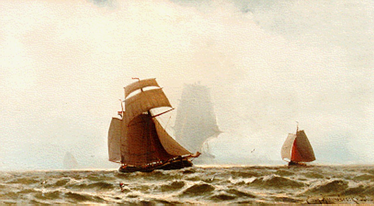 Heemskerck van Beest J.E. van | Jacob Eduard van Heemskerck van Beest, Flatboats offshore, Öl auf Holz 41,5 x 74,8 cm, signed l.r.