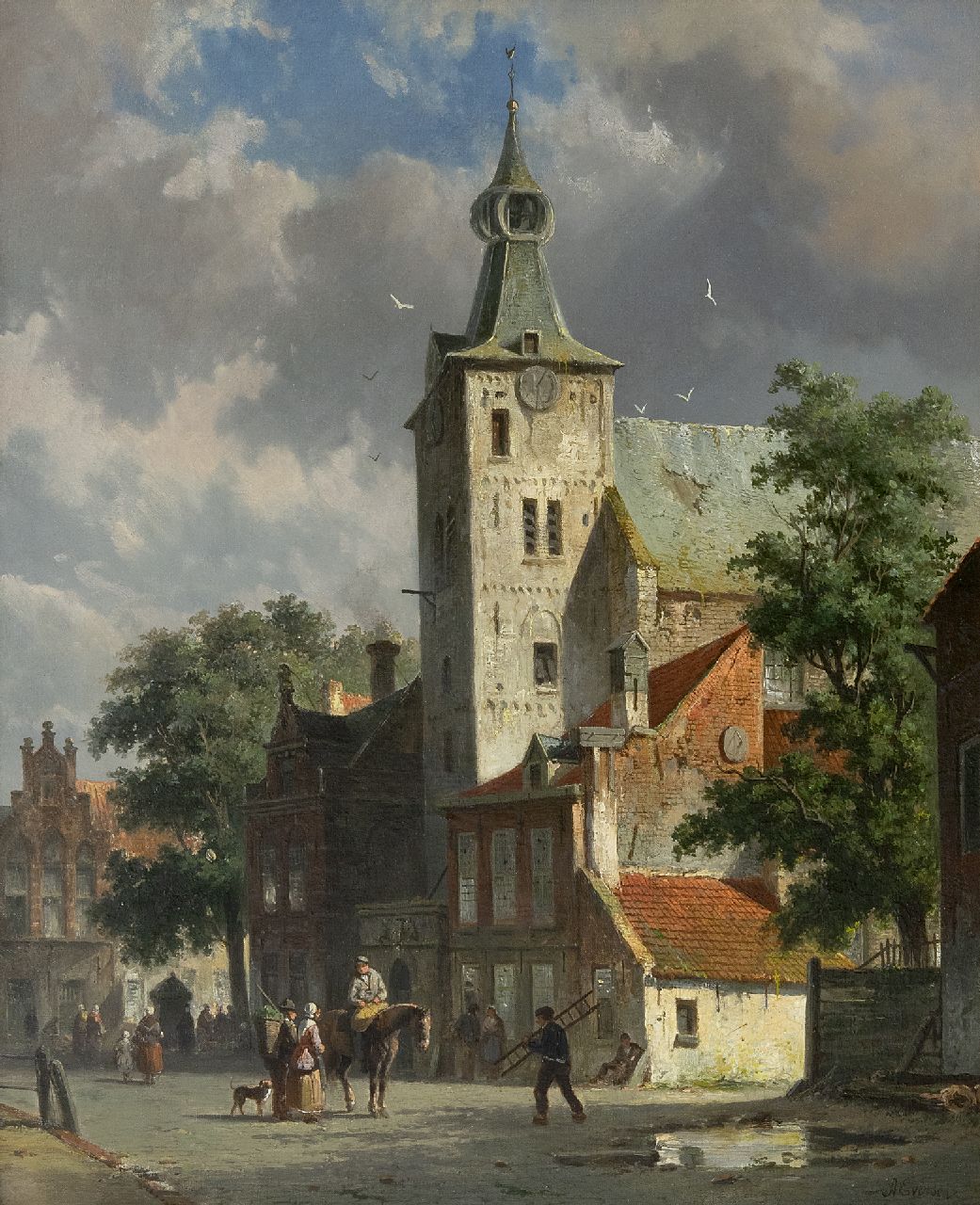 Eversen A.  | Adrianus Eversen, Blick auf die Andreaskirche in Hattem, Öl auf Leinwand 47,8 x 38,7 cm, Unterzeichnet u.r. und im Verso auf Etikett