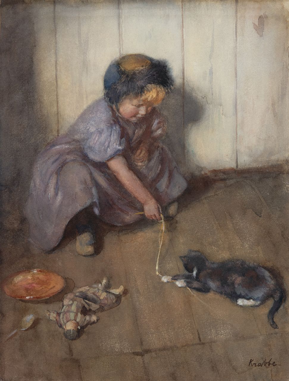 Krabbé H.M.  | Heinrich Martin Krabbé | Aquarelle und Zeichnungen zum Verkauf angeboten | Spiel mit der Katze, Aquarell auf Papier 47,5 x 36,0 cm, Unterzeichnet u.r. und zu datieren 1906-1916