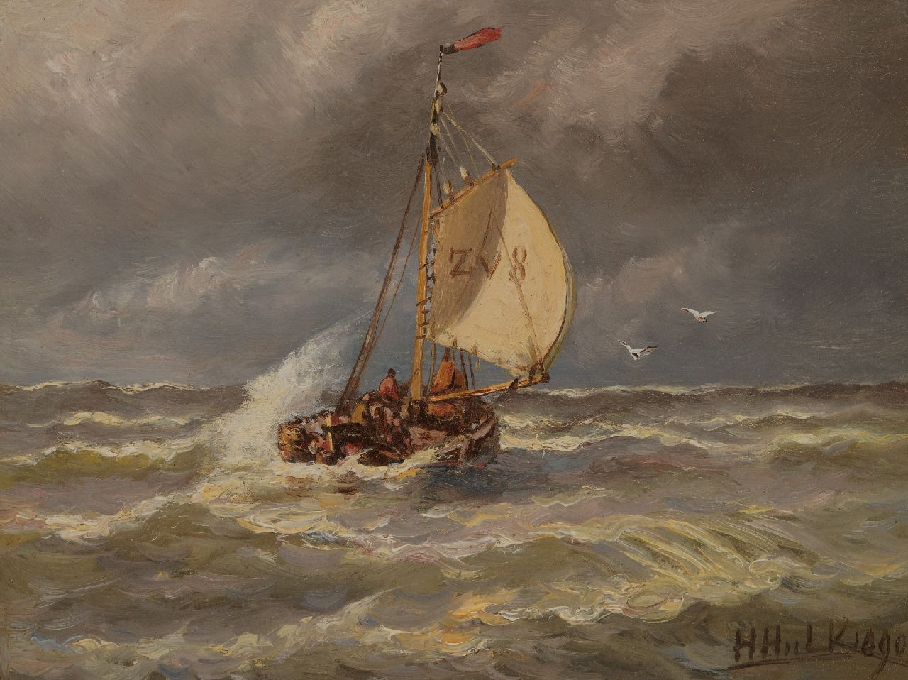 Hulk H.  | Hendrik Hulk, Segelschiff auf unruhiger See, Öl auf Holz 16,3 x 21,3 cm, Unterzeichnet u.r. und datiert 1890
