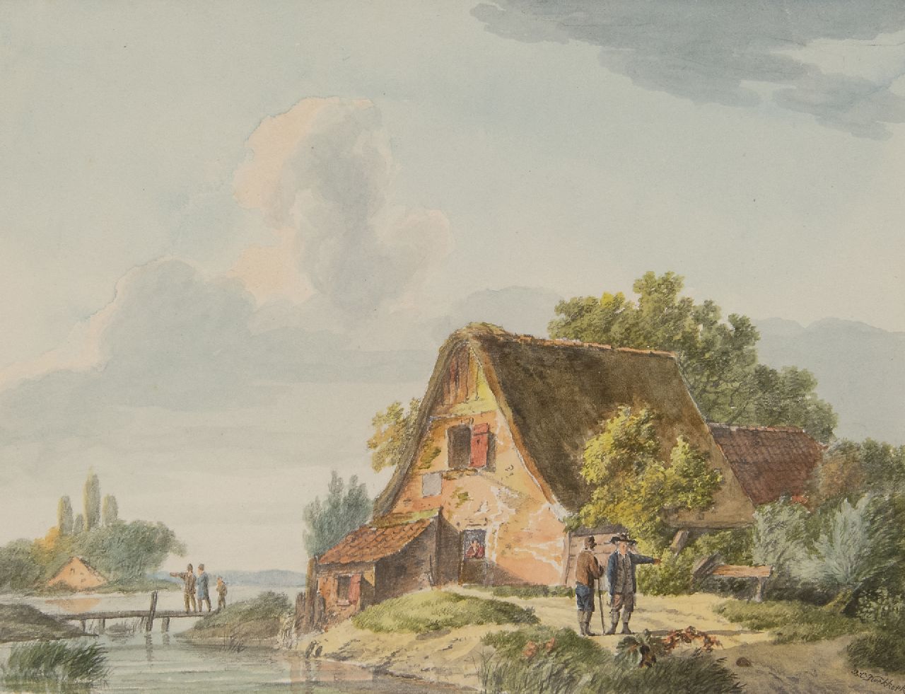 Koekkoek B.C.  | Barend Cornelis Koekkoek | Aquarelle und Zeichnungen zum Verkauf angeboten | Figuren bei einem Bauernhaus am Fluss, Aquarell auf Papier 14,7 x 19,4 cm, Unterzeichnet u.r.