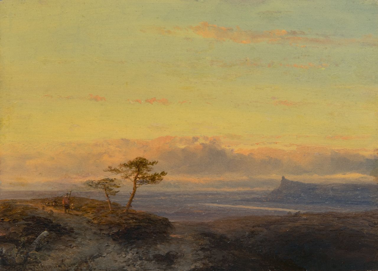 Hoppenbrouwers J.F.  | Johannes Franciscus Hoppenbrouwers | Gemälde zum Verkauf angeboten | Flusstal bei Sonnenuntergang, Öl auf Holz 16,2 x 22,3 cm, Unterzeichnet u.l. und datiert '41, ohne Rahmen
