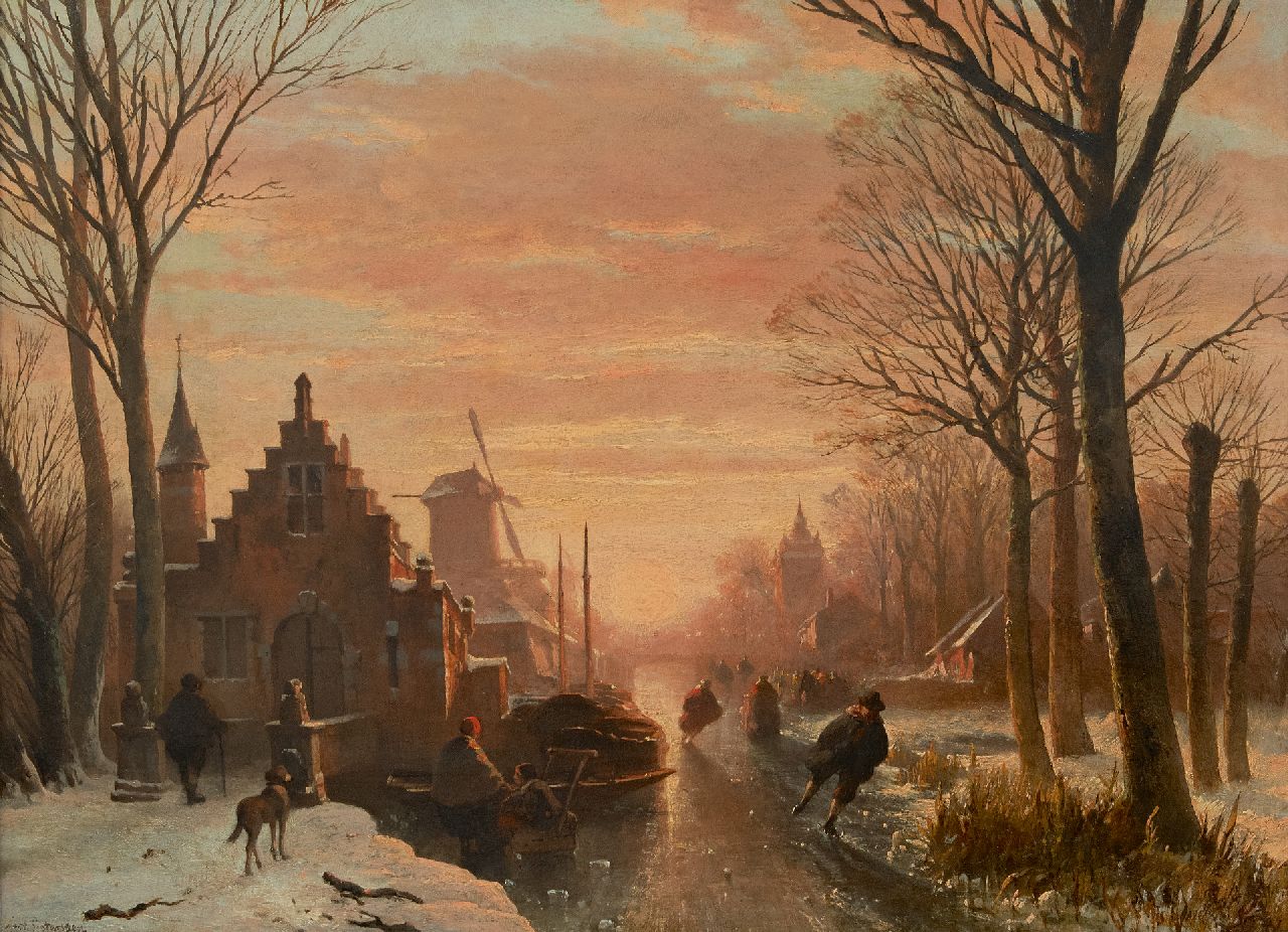 Wayen Pieterszen A. van der | Abraham van der Wayen Pieterszen, Schlittschuhläufer auf einer Gracht bei Sonnenuntergang, Öl auf Holz 43,3 x 59,3 cm, Unterzeichnet u.l.