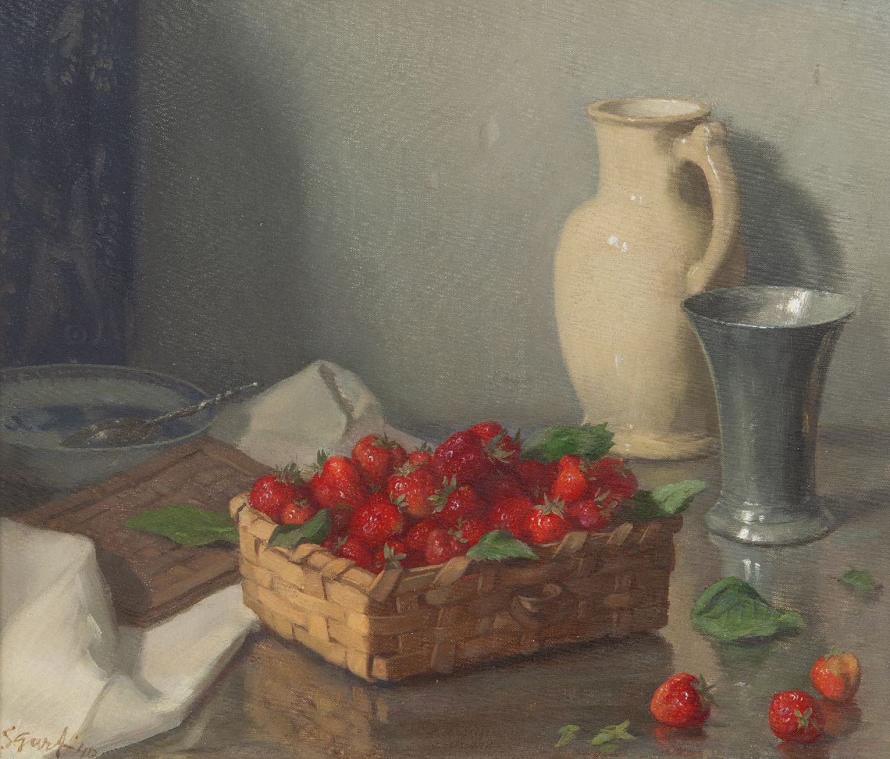 Garf S.  | Salomon Garf | Gemälde zum Verkauf angeboten | Stilleben mit Erdbeeren in einem Korb, Öl auf Leinwand 48,7 x 56,4 cm, Unterzeichnet u.l. und datiert '40