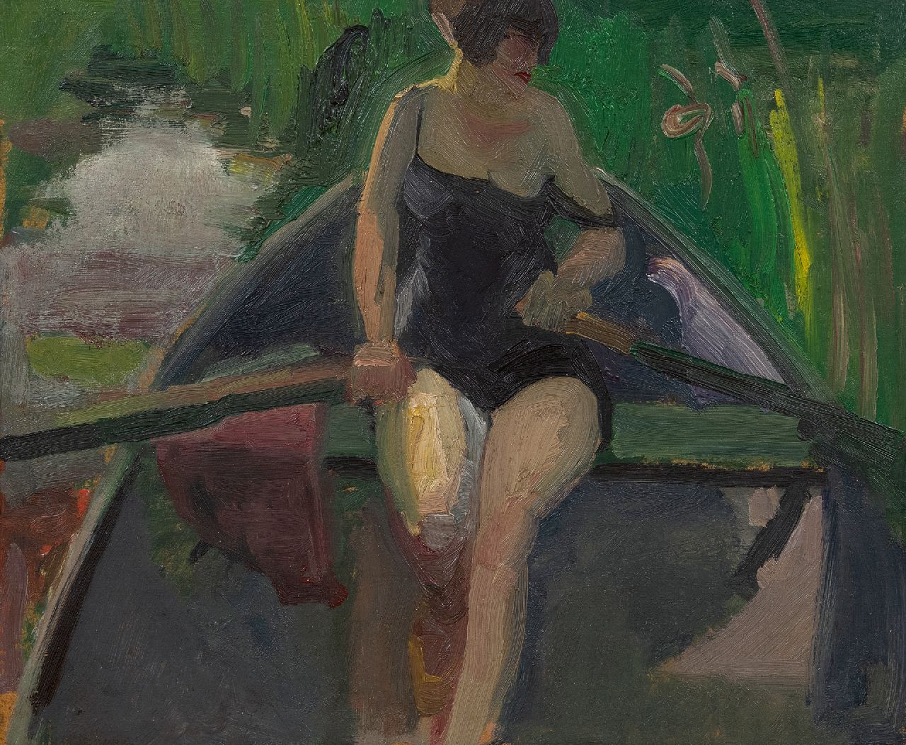 Kuijten H.J.  | Henricus Johannes 'Harrie' Kuijten, Die Frau des Künstlers (Leni) rudert am Sonntag, Öl auf Holzfaser auf Holz 37,9 x 45,8 cm, Unterzeichnet u.l. und zu datieren um 1928