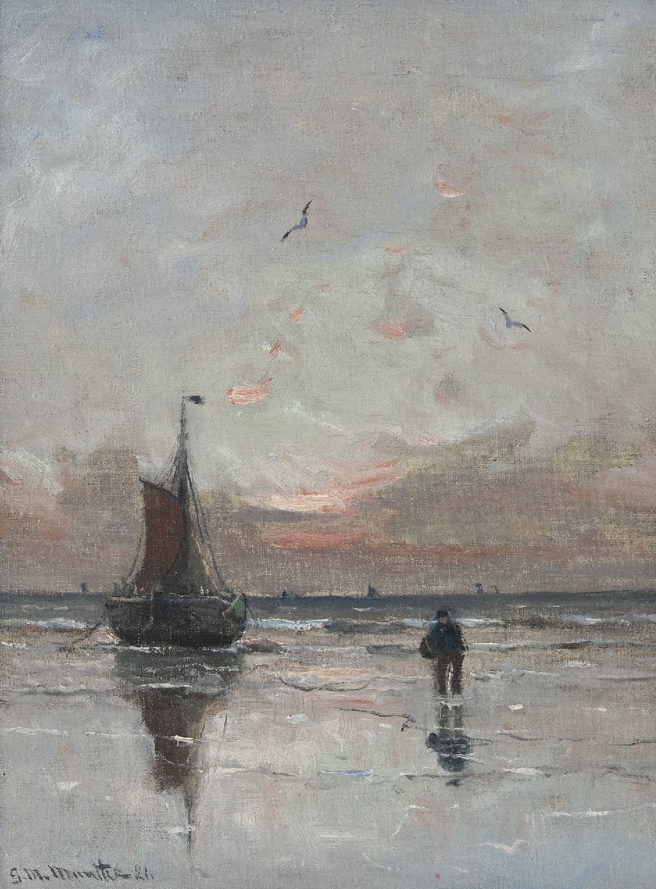 Munthe G.A.L.  | Gerhard Arij Ludwig 'Morgenstjerne' Munthe, 'Bomschiff' vor Anker bei Sonnenuntergang, Öl auf Leinwand 40,4 x 30,2 cm, Unterzeichnet u.l. und datiert '21