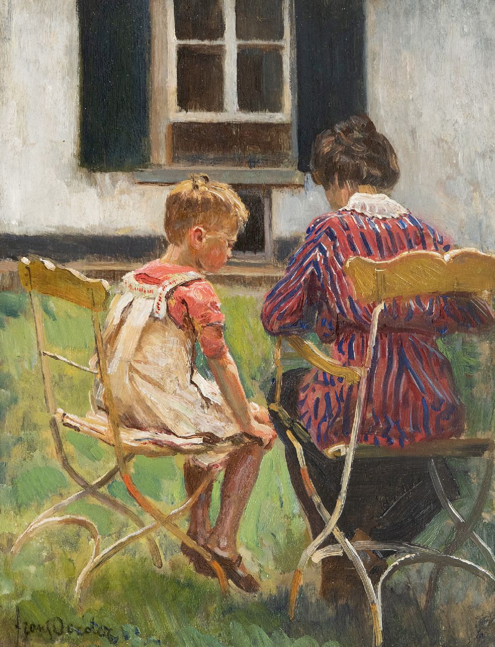 Oerder F.D.  | 'Frans' David Oerder, Mutter und Tochter im Garten, Öl auf Holz 37,1 x 28,5 cm, Unterzeichnet u.l.