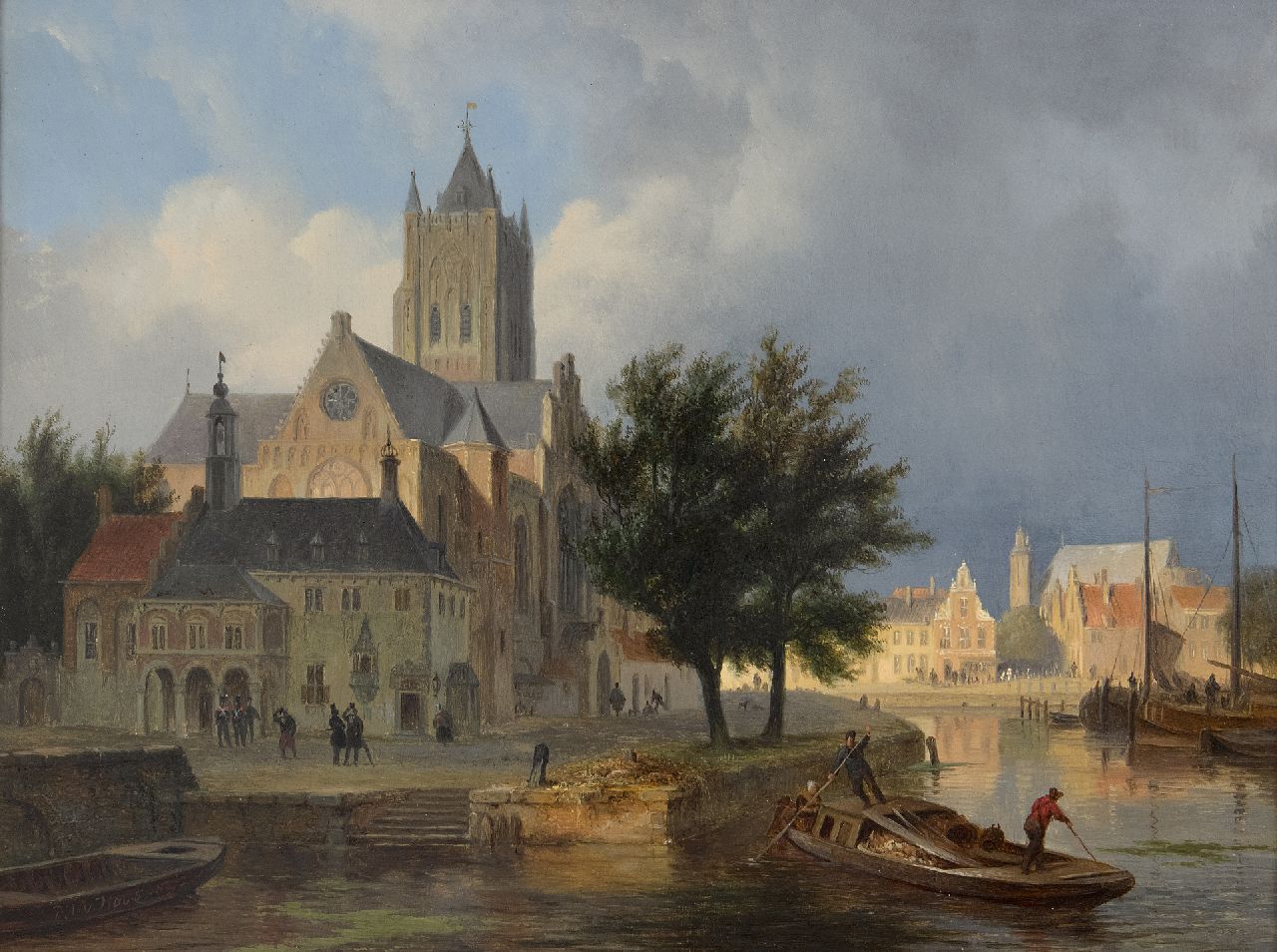 Hove B.J. van | Bartholomeus Johannes 'Bart' van Hove | Gemälde zum Verkauf angeboten | Phantasie Stadtansicht, vielleicht Gorinchem, Öl auf Holz 28,8 x 38,0 cm, Unterzeichnet u.l.