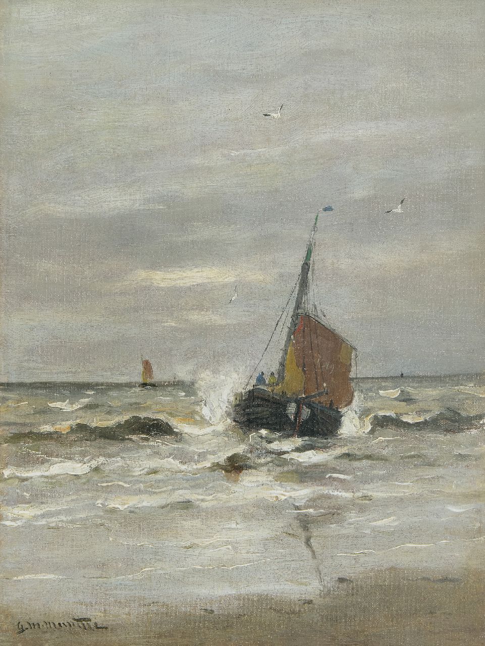 Munthe G.A.L.  | Gerhard Arij Ludwig 'Morgenstjerne' Munthe, Rückkehr vom 'KW9' am Strand von Katwijk, Öl auf Leinwand 40,4 x 30,8 cm, Unterzeichnet u.l.