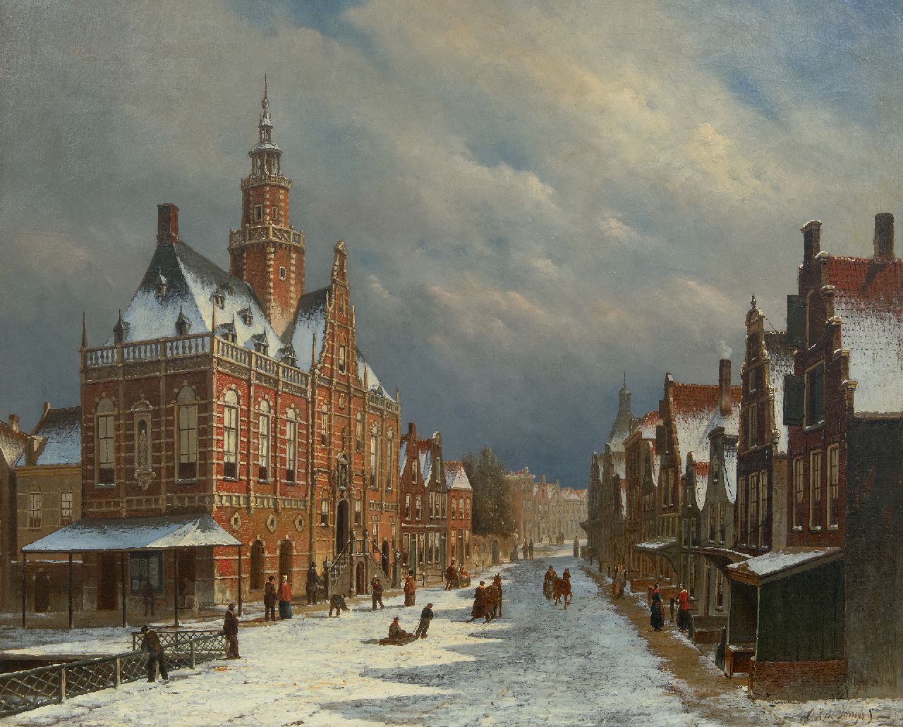 Jongh O.R. de | Oene Romkes de Jongh, Das Rathaus von Bolsward, Friesland, im Schnee, Öl auf Leinwand 69,9 x 86,0 cm, Unterzeichnet u.r.