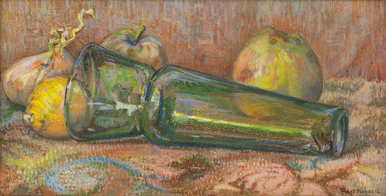 Hart Nibbrig F.  | Ferdinand Hart Nibbrig, Stilleben mit grüner Vase und Äpfel, Pastell auf Papier 18,2 x 35,1 cm, Unterzeichnet u.r.
