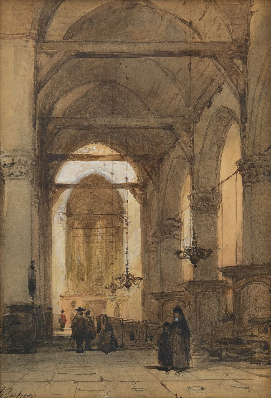 Bosboom J.  | Johannes Bosboom, Innenraum einer Kirche, Aquarell auf Papier 26,5 x 18,3 cm, Unterzeichnet u.l.