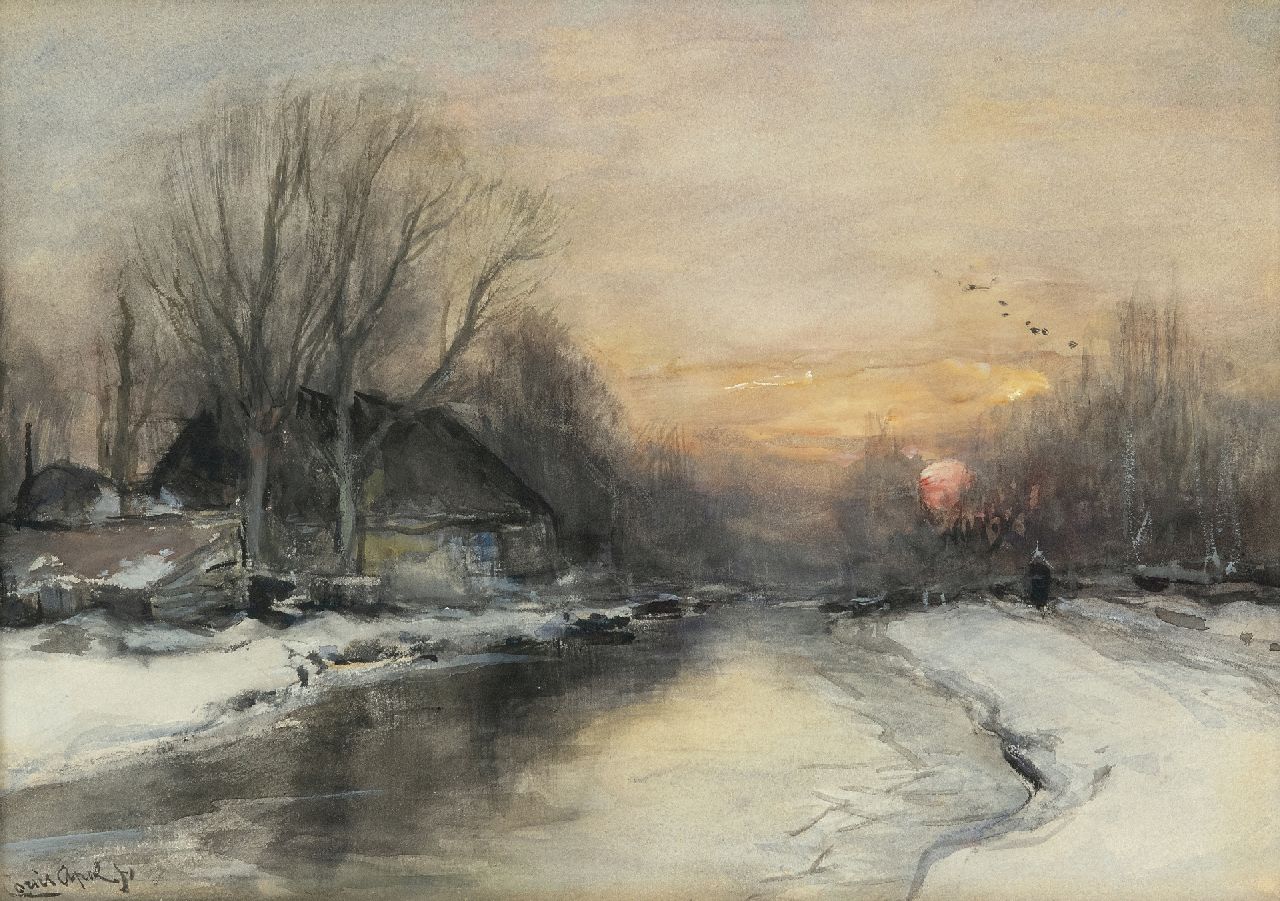 Apol L.F.H.  | Lodewijk Franciscus Hendrik 'Louis' Apol, Beschneiter Flussufer bei Sonnenuntergang, Aquarell auf Papier 25,3 x 35,4 cm, Unterzeichnet u.l.