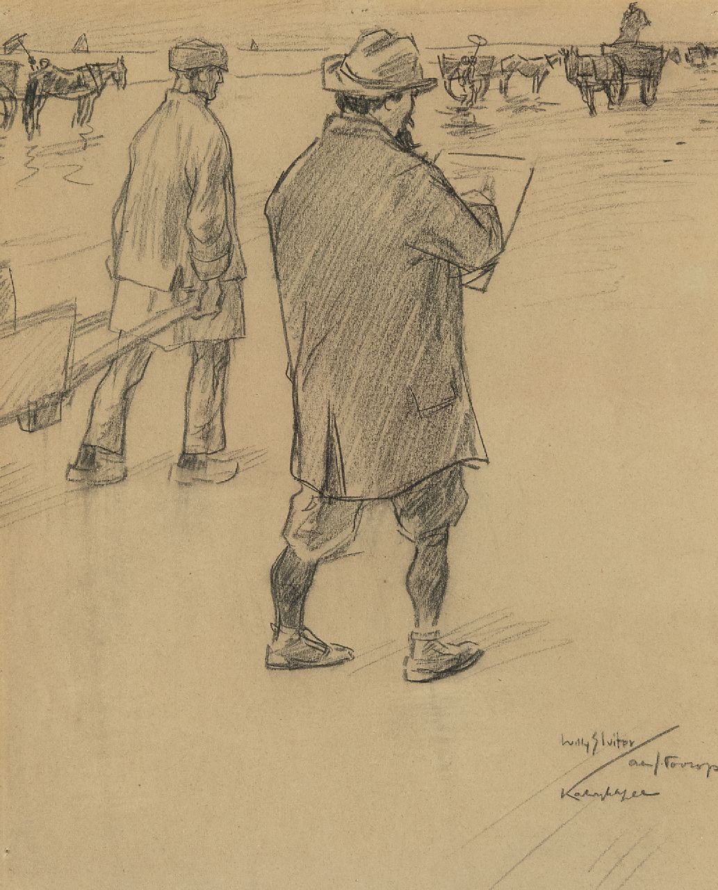 Sluiter J.W.  | Jan Willem 'Willy' Sluiter | Aquarelle und Zeichnungen zum Verkauf angeboten | Jan Toorop macht Skizzen auf dem Strand von Katwijk, Schwarze Kreide auf Papier 32,6 x 27,0 cm, Unterzeichnet u.r. und zu datieren um 1898