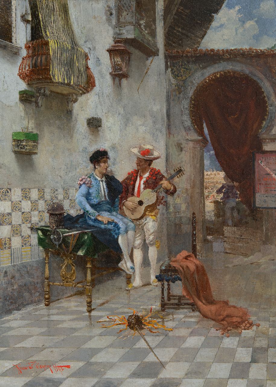 Riccardo Pellegrini | Vor der Corrida, Öl auf Leinwand  auf Holzfaser, 54,4 x 39,5 cm, Unterzeichnet u.l. und datiert 1890