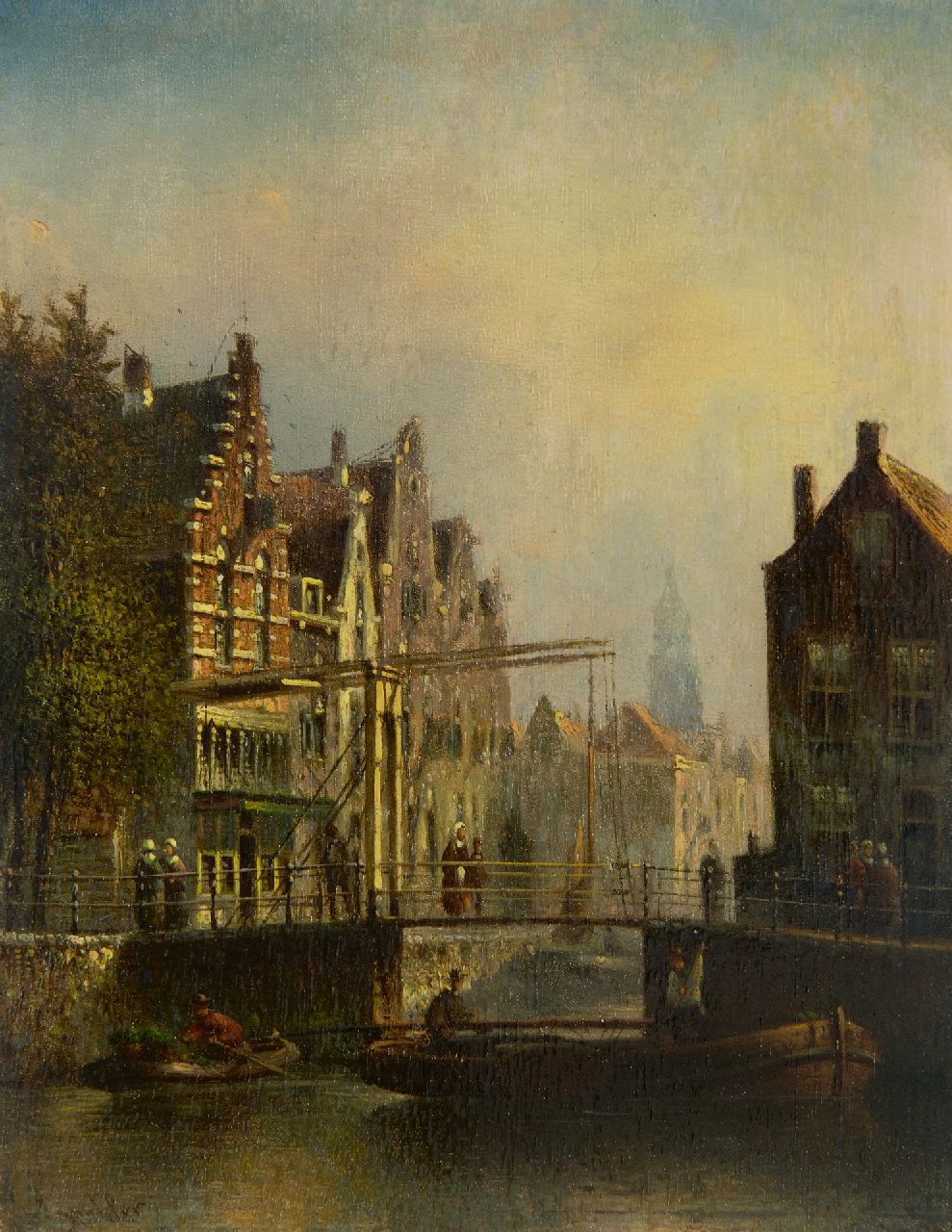 Spohler J.F.  | Johannes Franciscus Spohler | Gemälde zum Verkauf angeboten | Holländische Stadtansicht mit Zugbrücke, Öl auf Holz 20,4 x 16,0 cm, Unterzeichnet u.l.