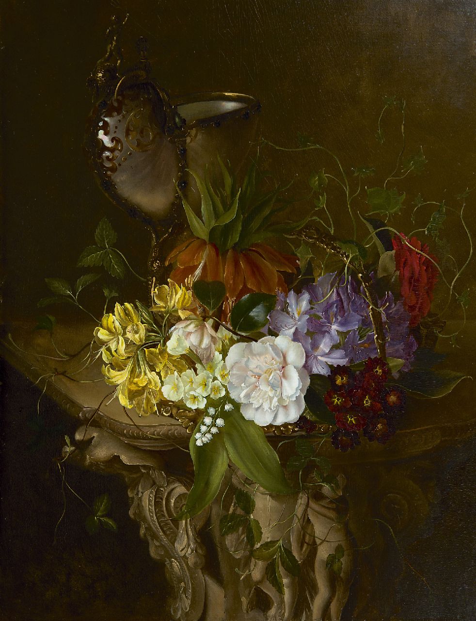 Schot F.L.  | Francina Louise Schot, Stilleben mit Blumen und Nautilus Becher, Öl auf Holz 61,6 x 46,9 cm