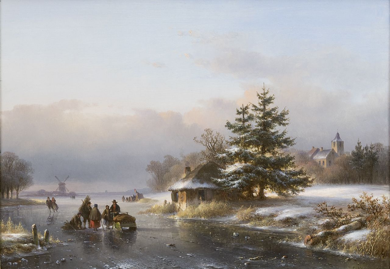 Kleijn L.J.  | Lodewijk Johannes Kleijn, Winterlandschaft mit Figuren und Schlittschuhläufern auf dem Eis, Öl auf Holz 29,6 x 40,5 cm, Unterzeichnet r.u.