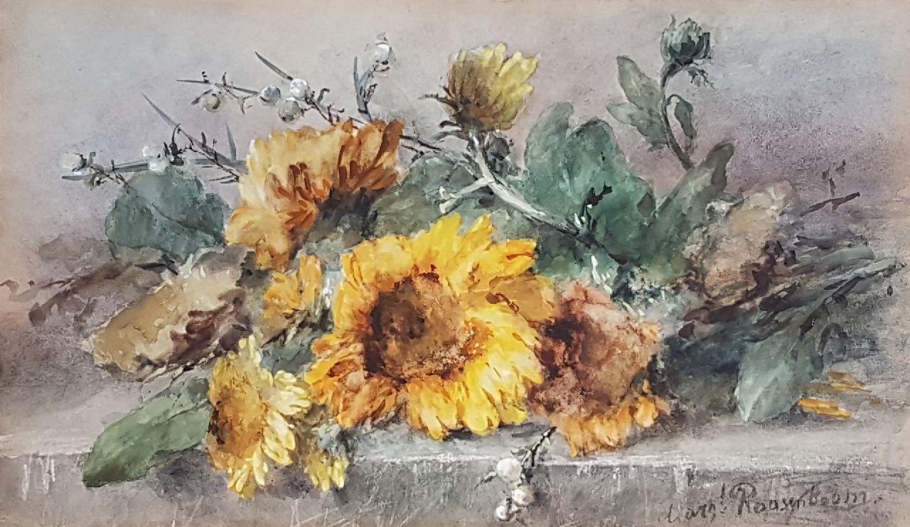 Roosenboom M.C.J.W.H. | 'Margaretha' Cornelia Johanna Wilhelmina Henriëtta Roosenboom, Sonnenblumen auf einem Steinsockel, Aquarell auf Papier 44,3 x 74,8 cm, Unterzeichnet u.r. Roosenboom M.C.J.W.H. | 'Margaretha' Cornelia Johanna Wilhelmina Henriëtta Roosenboom, Sonnenblumen auf einem Steinsockel, Aquarell auf Papier 44,3 x 74,8 cm, Unterzeichnet u.r.