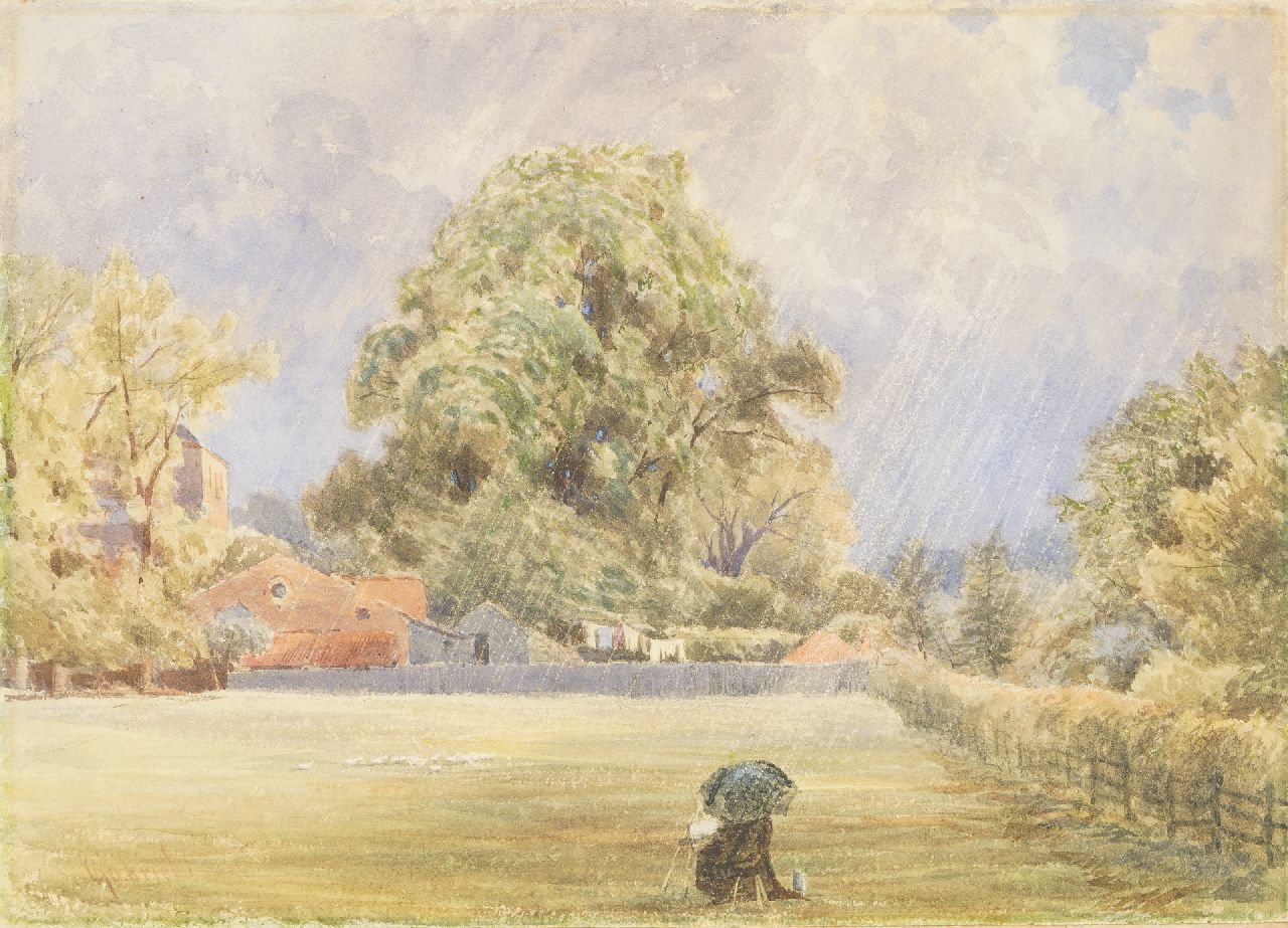 Gabriel P.J.C.  | Paul Joseph Constantin 'Constan(t)' Gabriel | Aquarelle und Zeichnungen zum Verkauf angeboten | Der Mahlerunter Regenschirm in italienischen Landschaft, Aquarell auf Papier 25,7 x 35,4 cm, Unterzeichnet u.l.