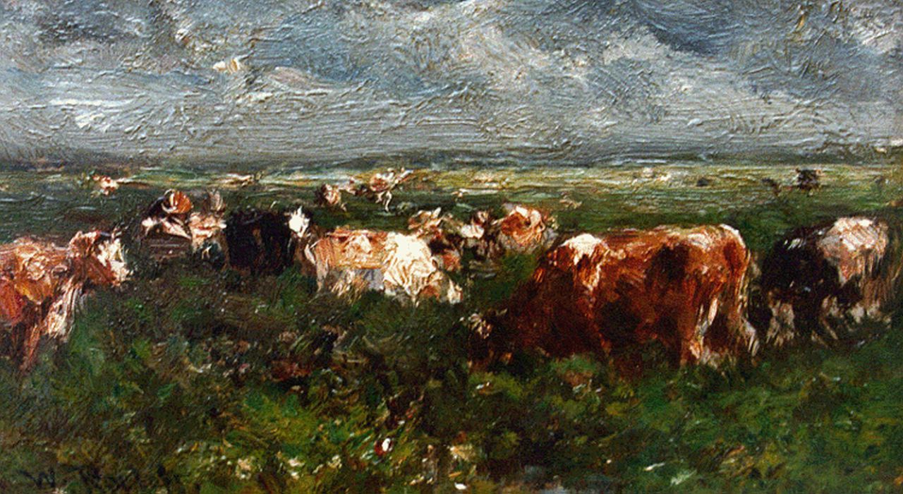 Roelofs W.  | Willem Roelofs, A landscape with cows grazing, Öl auf Holz 7,5 x 12,4 cm, signed l.l.