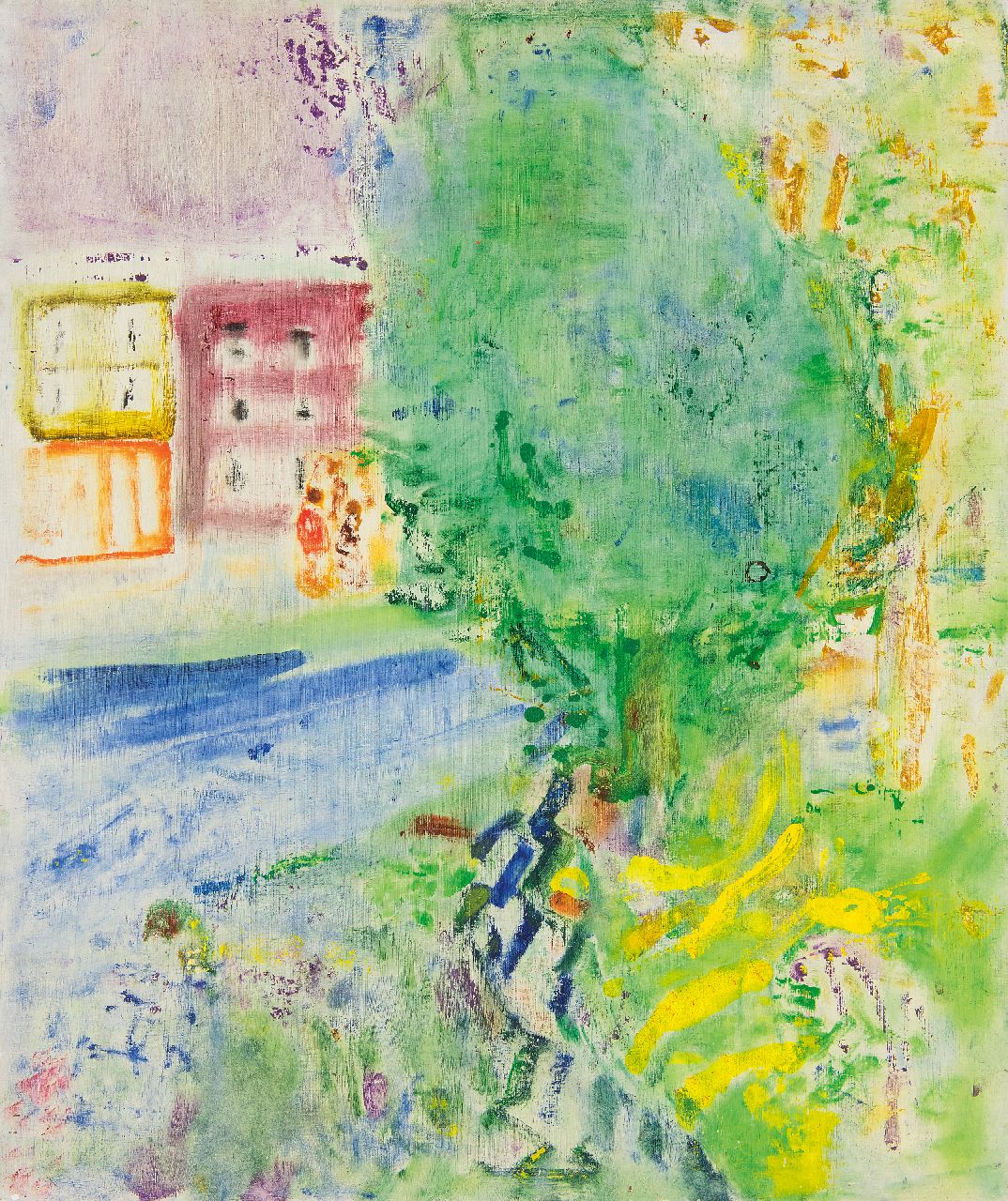 Hansen J.G.  | Jacob Gerard 'Job' Hansen, Häuser, Kinder; Baum und Wasser, Benzinrell auf Holz 60,5 x 50,6 cm, Unterzeichnet im Verso und datiert verso 18.Mai 1951 und 1955