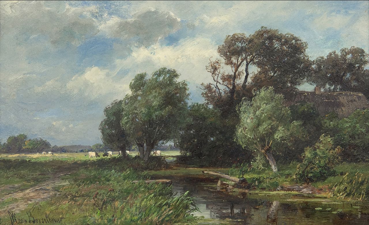 Borselen J.W. van | Jan Willem van Borselen, Polderlandschaft mit grasendem Vieh, Öl auf Holz 18,0 x 29,0 cm, Unterzeichnet u.l.